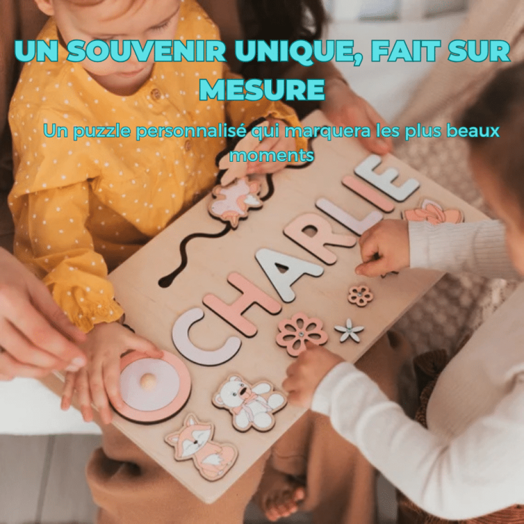 Détail des lettres en bois gravées et de leurs bords poncés — puzzle prénom personnalisé