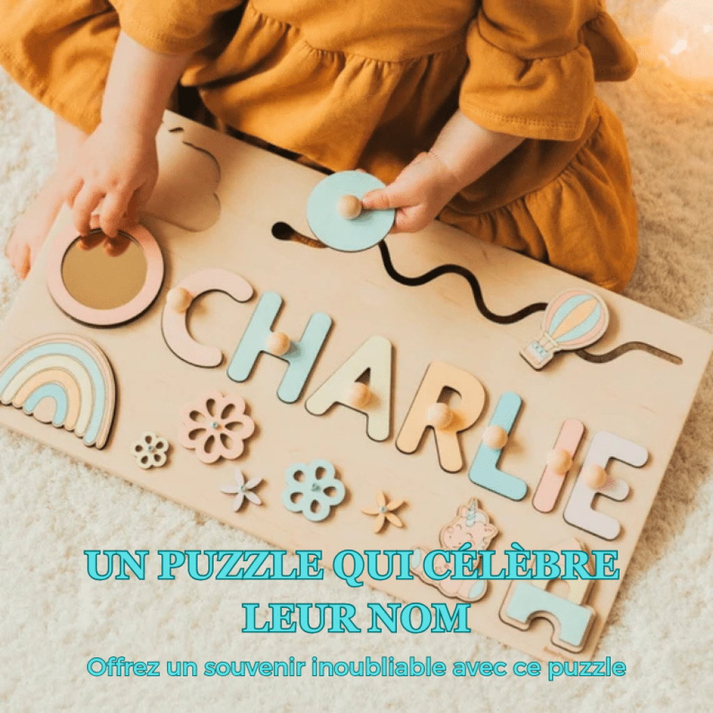 Les six modèles du puzzle prénom Montessori : Évasion, Féérie, Papillon, Rêves Arc-en-Ciel, Safari et Sous-marin