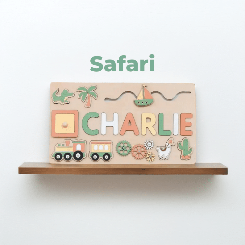 Puzzle prenom personnalise Montessori en bois - modele Safari