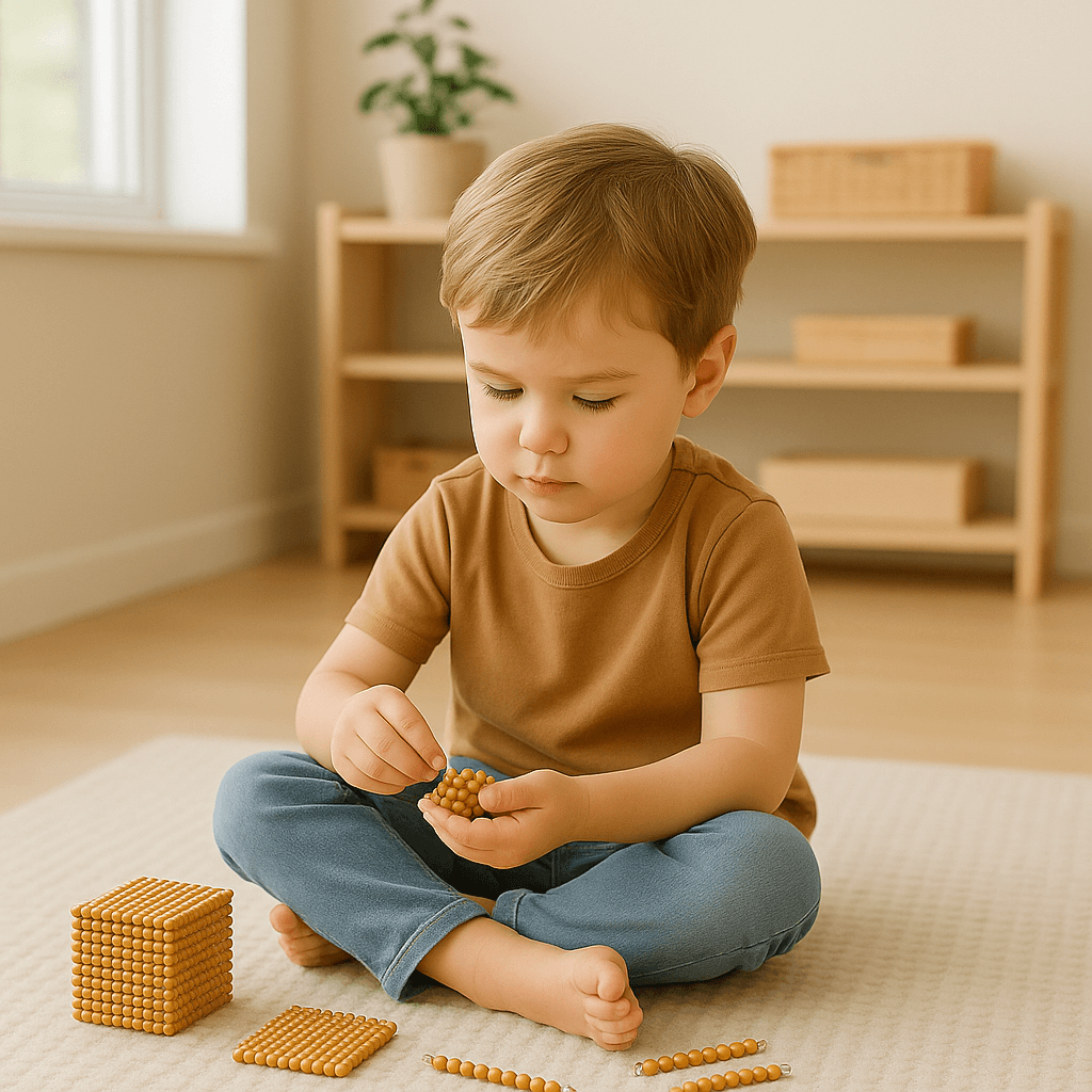 Enfant de 3 ans utilisant un jouet Montessori pour apprendre à compter et développer sa motricité fine