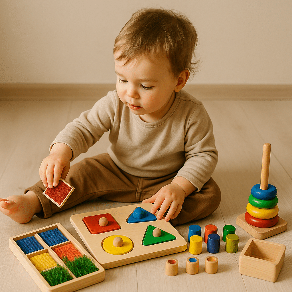 Enfant jouant avec des jeux sensoriels Montessori pour stimuler son développement précoce