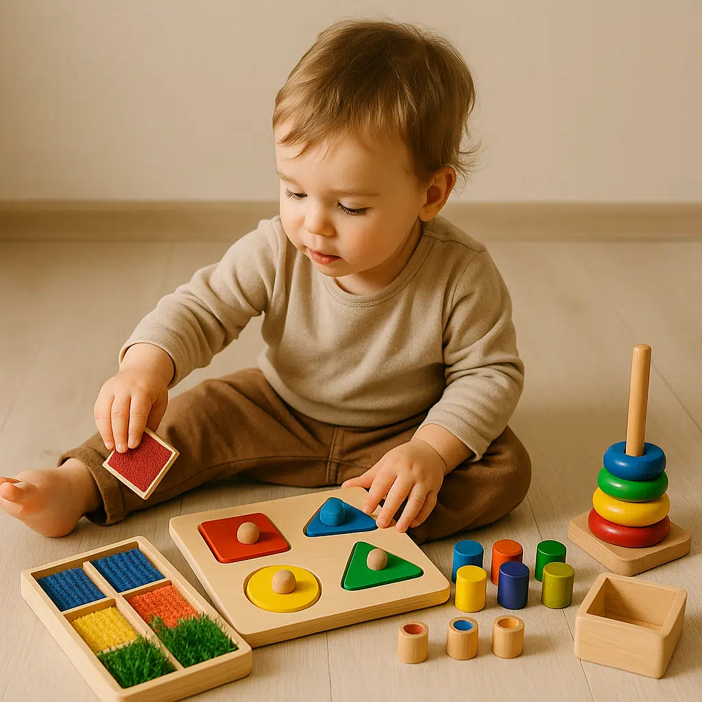 Enfant jouant avec des jeux sensoriels Montessori pour stimuler son développement précoce
