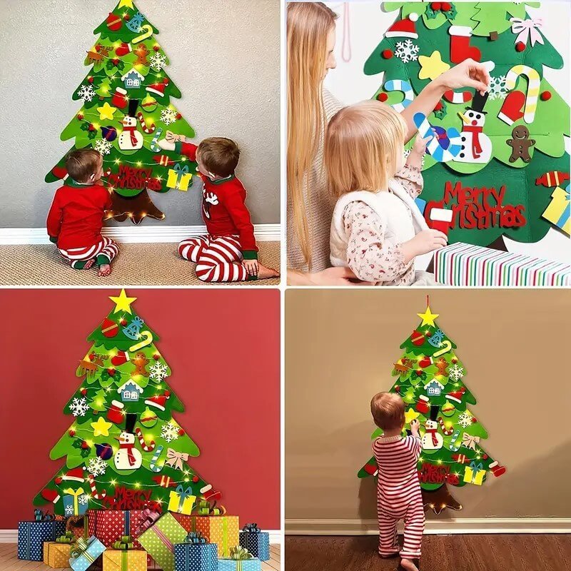 Sapin feutrine de Noël 95 cm pour enfant avec 26 décorations à scratch et guirlande LED